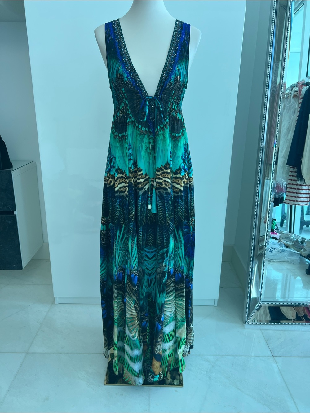CAMILLA Silk Peacock Rock Embellished V-Neck Maxi Dress OS